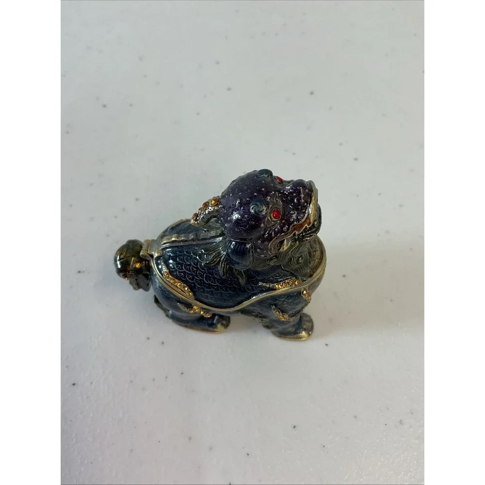Foo Dog Trinket Box Chinese Guardian Lion Blue Enamel Rhinestone 2.5in
